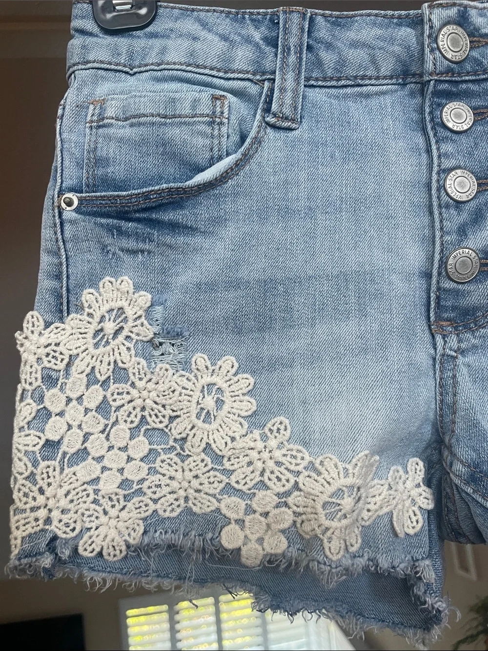 Imperial Star Light Blue Denim Shorts with Ivory Lace